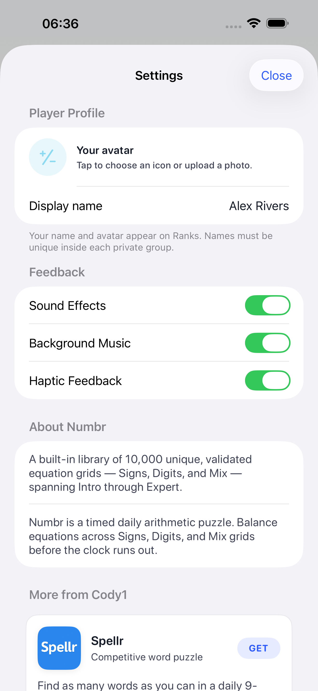 Numbr Settings profile with display name and avatar picker.