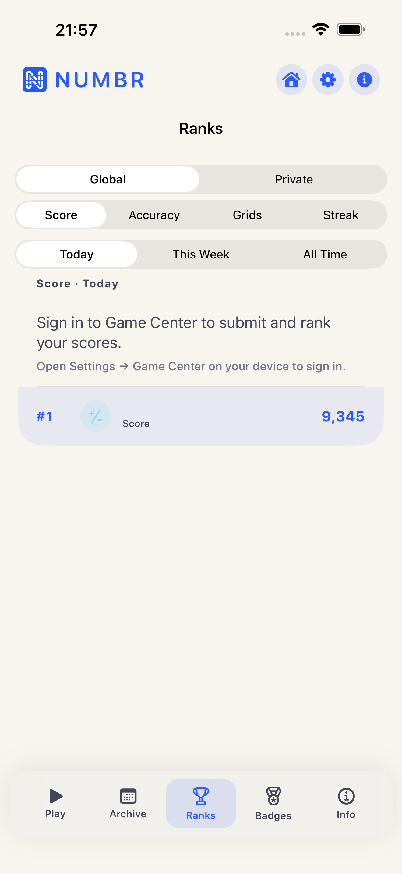 Numbr Ranks screen showing Global Score for Today with a top score entry.