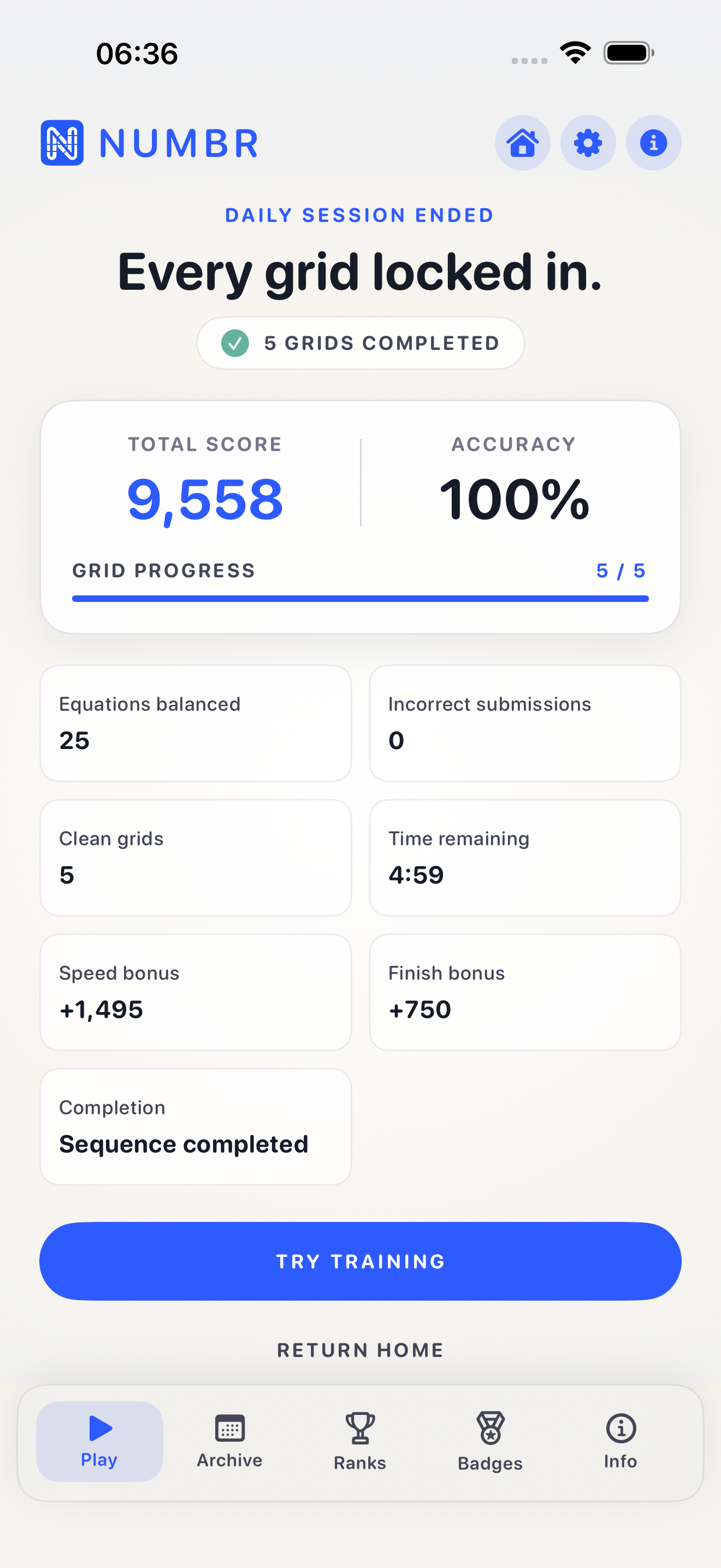 Numbr results with total score, accuracy, and a two-column breakdown of bonuses and stats.